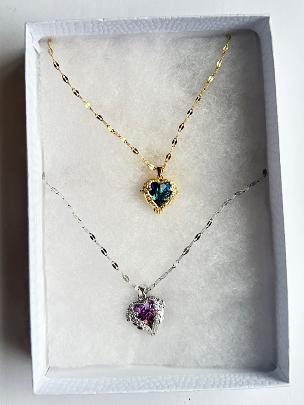 2 Pc Heart Crystal Necklace Set Gold & Silver Tone Blue Pink Pendant Gift